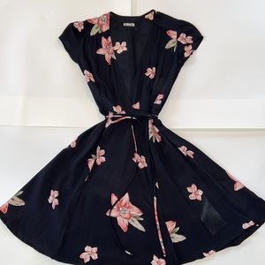 Reformation Raquel Black Floral Wrap Mini Dress Size 0 Black and Pink Floral